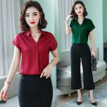 Shirt women 2019 new V-neck Slim fashion satin tops women's professional shirt [DB] (in the top)