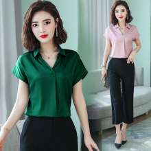 Shirt women 2019 new V-neck Slim fashion satin tops women's professional shirt [DB] (in the top)