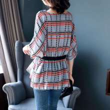 Round neck bat sleeve houndstooth shirt female Korean shirt women 2019 new shirt (tops take 7)