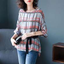 Round neck bat sleeve houndstooth shirt female Korean shirt women 2019 new shirt (tops take 7)
