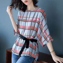 Round neck bat sleeve houndstooth shirt female Korean shirt women 2019 new shirt (tops take 7)