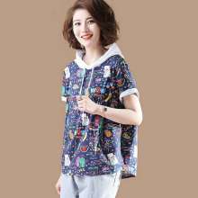 Cartoon print hooded T-shirt women's short-sleeved loose 2019 summer new Korean version of the large-size shirt tops tide (tops 9)
