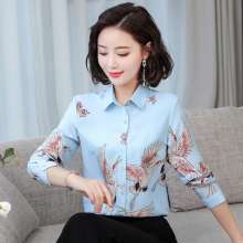 2019 summer women's long-sleeved new temperament OL retro crane printing chiffon Slim shirt [DM] (Tops inside 12)