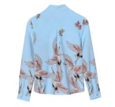 2019 summer women's long-sleeved new temperament OL retro crane printing chiffon Slim shirt [DM] (Tops inside 12)