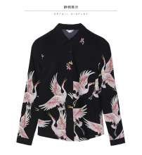 2019 summer women's long-sleeved new temperament OL retro crane printing chiffon Slim shirt [DM] (Tops inside 12)