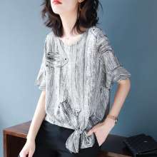 Round neck printed trumpet sleeves chiffon shirt female small shirt female 2019 new foreign air loose bottoming shirt female [DB] [DM] (top line 17)