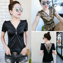 Fashion back short-sleeved t-shirt 2019 summer new Slim Korean version of the leopard print shirt (upper 18)