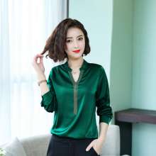 2019 spring new heavy satin base shirt was thin v-neck tassel simulation silk shirt i828 (top coat 20)