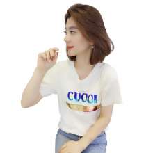 European station summer women 2019 new fashion Korean version of the loose beige letter sequins short-sleeved T-shirt top (with a jacket inside 22)