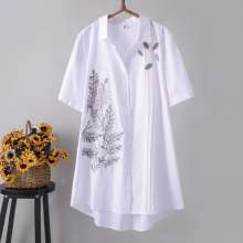 2019 summer literary fan loose long pleated embroidery short-sleeved shirt blouse [DM] (with a jacket inside 23)