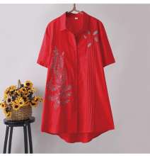 2019 summer literary fan loose long pleated embroidery short-sleeved shirt blouse [DM] (with a jacket inside 23)
