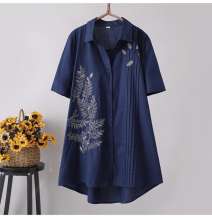 2019 summer literary fan loose long pleated embroidery short-sleeved shirt blouse [DM] (with a jacket inside 23)