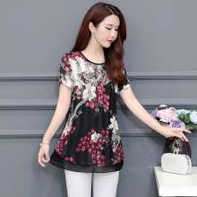 2019 new summer short-sleeved t-shirt long loose large size was thin fashion print female chiffon shirt gz2 [DM] (in the top 25)