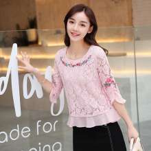Embroidered new temperament round neck splicing top embroidered literary romantic lace chiffon shirt female (top coat 26)