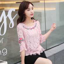 Embroidered new temperament round neck splicing top embroidered literary romantic lace chiffon shirt female (top coat 26)