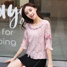 Embroidered new temperament round neck splicing top embroidered literary romantic lace chiffon shirt female (top coat 26)