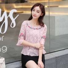 Embroidered new temperament round neck splicing top embroidered literary romantic lace chiffon shirt female (top coat 26)
