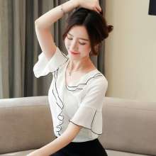 2019 new white half-sleeve round neck chiffon shirt Summer is very temperament ruffled shirt shirt (top coat 31)