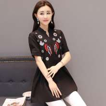 2019 new shirt female short-sleeved Han Fan in the long embroidered shirt shirt large size was thin [DM] [DB] (tops take 33)