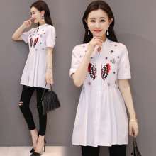 2019 new shirt female short-sleeved Han Fan in the long embroidered shirt shirt large size was thin [DM] [DB] (tops take 33)