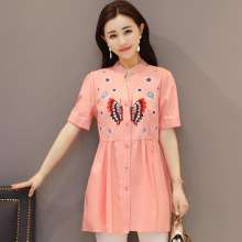 2019 new shirt female short-sleeved Han Fan in the long embroidered shirt shirt large size was thin [DM] [DB] (tops take 33)