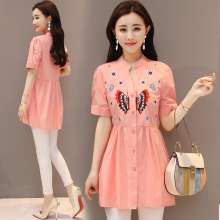 2019 new shirt female short-sleeved Han Fan in the long embroidered shirt shirt large size was thin [DM] [DB] (tops take 33)