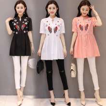 2019 new shirt female short-sleeved Han Fan in the long embroidered shirt shirt large size was thin [DM] [DB] (tops take 33)