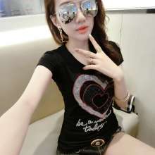 European station heart-shaped diamond short-sleeved t-shirt 2019 summer new fashion wild slim slimming shirt [DB] (upper jacket 34)