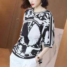 Printed shirt women's spring and summer 2019 new contrast color tie waist T-shirt tops wild (tops 35)