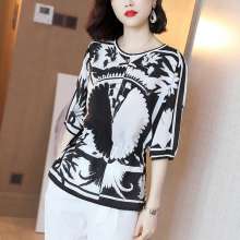 Printed shirt women's spring and summer 2019 new contrast color tie waist T-shirt tops wild (tops 35)