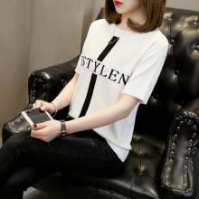 Slim ice silk sweater top 2019 summer new round neck short-sleeved color matching letter T-shirt (top jacket 37)