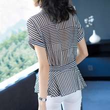 Summer 2019 new Korean version of the V-neck striped shirt bat sleeves cover belly shirt temperament chiffon shirt female short sleeve