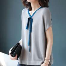 V-neck ribbon knit short-sleeved T-shirt female loose women's 2019 new wave of foreign gas wild summer women (the top inside 45)