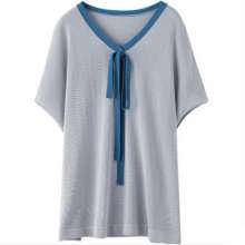 V-neck ribbon knit short-sleeved T-shirt female loose women's 2019 new wave of foreign gas wild summer women (the top inside 45)