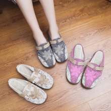 Linen hand embroidery 2019 spring and summer new half dragging family style cool drag comfort wild student shoes mother shoes fisherman slippers female shoes (shoes 10)
