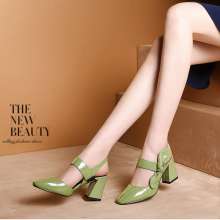 2019 fashion color spring and summer new Baotou ladies sandals Korean high-heeled thick with pointed single shoes fashion high heels k706 (shoes 12)