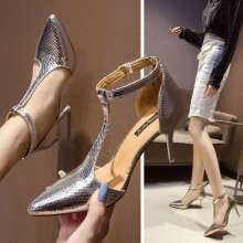 2019 summer new T-button Korean version of the stiletto retro fashion evening Roman high-heeled sandals (shoes 52)