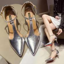 2019 summer new T-button Korean version of the stiletto retro fashion evening Roman high-heeled sandals (shoes 52)