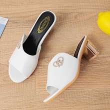 2019 summer new slippers women's shoes PU waterproof platform metal decorative rhinestone thick with heel (shoes 54)