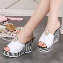 2019 summer new style sandals women's fashion wear slippers high heel thick bottom wedge fish mouth stripe bottom high heel sandals (shoes 56)