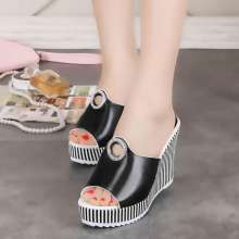 2019 summer new style sandals women's fashion wear slippers high heel thick bottom wedge fish mouth stripe bottom high heel sandals (shoes 56)