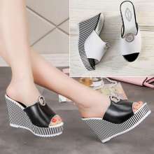 2019 summer new style sandals women's fashion wear slippers high heel thick bottom wedge fish mouth stripe bottom high heel sandals (shoes 56)