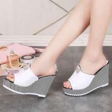 2019 summer new style sandals women's fashion wear slippers high heel thick bottom wedge fish mouth stripe bottom high heel sandals (shoes 56)