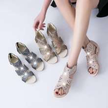 2019 summer new female sandals wedge with Korean version of the wild Roman sandals women's shoes with diamonds in the heel (shoes 60)