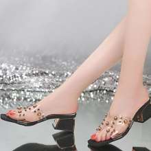 Studded sandals slippers female summer wear 2019 new Korean version ins fashion transparent thick with high heel sandals (shoes 64)