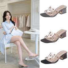 Studded sandals slippers female summer wear 2019 new Korean version ins fashion transparent thick with high heel sandals (shoes 64)