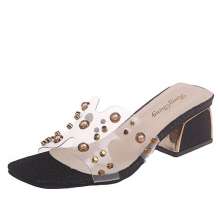 Studded sandals slippers female summer wear 2019 new Korean version ins fashion transparent thick with high heel sandals (shoes 64)