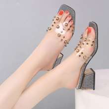 Studded sandals slippers female summer wear 2019 new Korean version ins fashion transparent thick with high heel sandals (shoes 64)