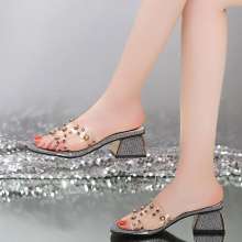 Studded sandals slippers female summer wear 2019 new Korean version ins fashion transparent thick with high heel sandals (shoes 64)