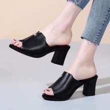 High-heeled sandals and slippers ladies summer 2019 new wear fashion thick with the wild Korean women's shoes (shoes 75)